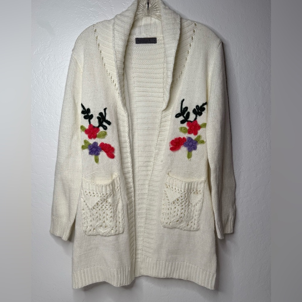 Cardigan Floral Knitted Identita Collection Womens Size Small Cream Multicolored